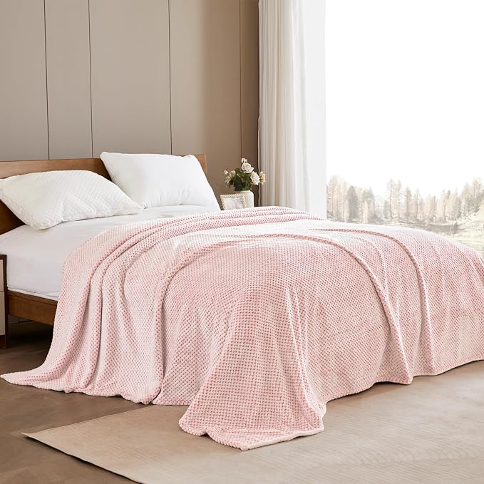 Exclusivo Mezcla Soft Waffle Fleece Bed Blanket King Size, Heather Pink | Lightweight Plush Blanket for Bed, Bedroom, Cozy Flannel with Waffle Texture, Stylish Home Decor, All Season, 104x90 Inches