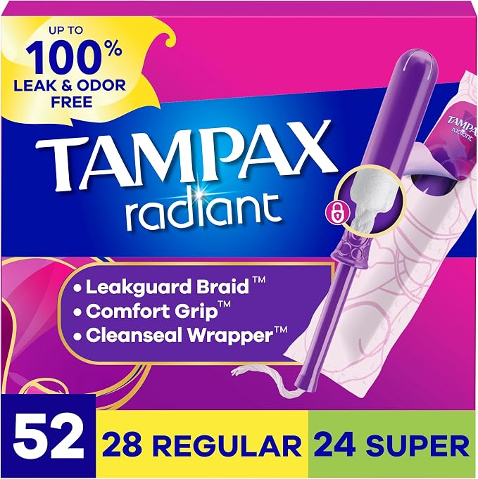 Tampax Radiant Tampons Multipack, #1 Tampon Brand, with LeakGuard Braid, Regular/Super Absorbency, Up to 100% Leak and Odor Free Protection, Unscented, 52 Count