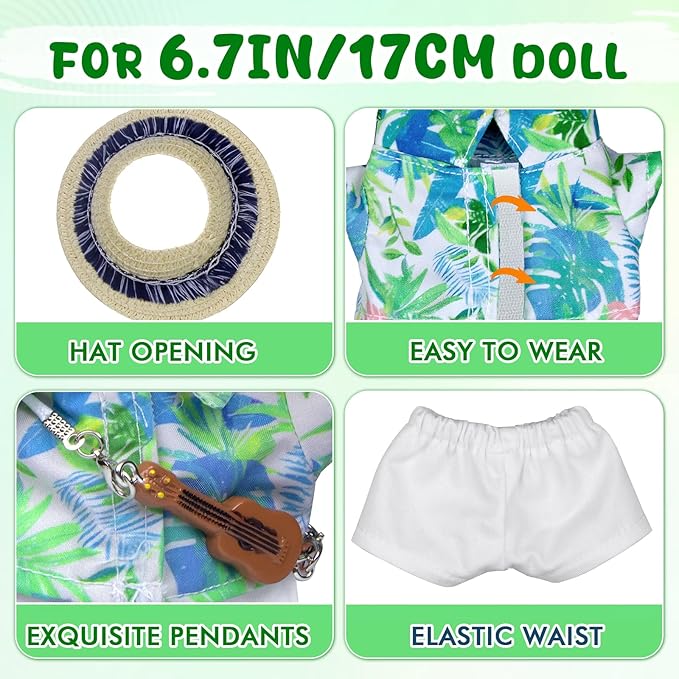 Clothes for 6.7in/17cm Doll, 4-Piece Set Summer Vacation Style Outfit for 6.7in/17cm Dolls, Doll Clothes Set，Includes Hat, Short-Sleeve Shirt, Pants and Miniature Guitar (SV-01)
