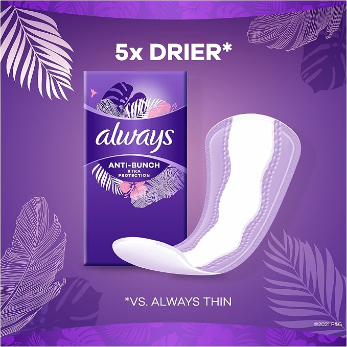 Always Panty Liners for Women Anti-Bunch Xtra Protection Daily Liners, Long, Unscented, 108 Count