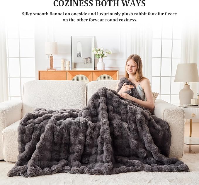 Faux Fur Throw Blanket for Couch, 1000 GSM Cozy Fuzzy Fluffy Soft Plush Thick Bubble Sherpa Blanket for Sofa Bedroom Living Room, Mothers Day Birthday Gifts for Women Home Decor