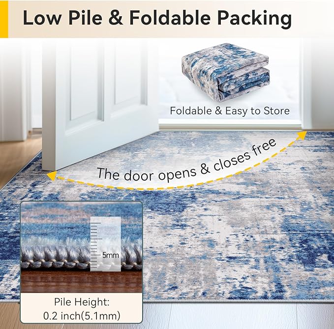 RELEANY Washable Square 10' x10' Area Rug for Living Room Blue Gray | carpet for bedroom, kitchen, office, hallway and entryway, printed pattern, non-slip, soft, stain-resistant, easy to clean