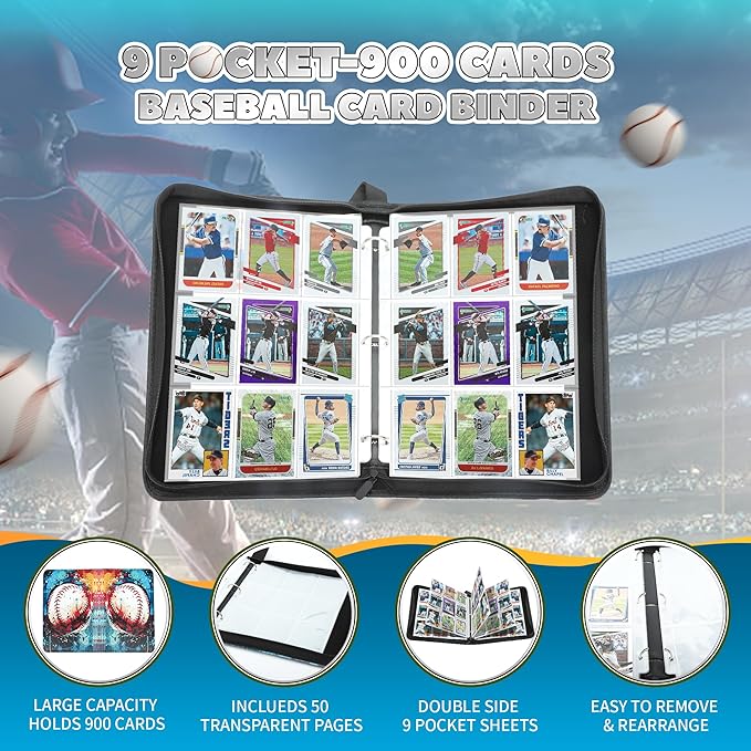Baseball Card Sleeves Binder 900 Pockets for Trading Card, 9 Pocket Sports Card Binder Baseball Card Holder Compatible with Topps Baseball Card, Football Card, Baseball Card, Sport Card