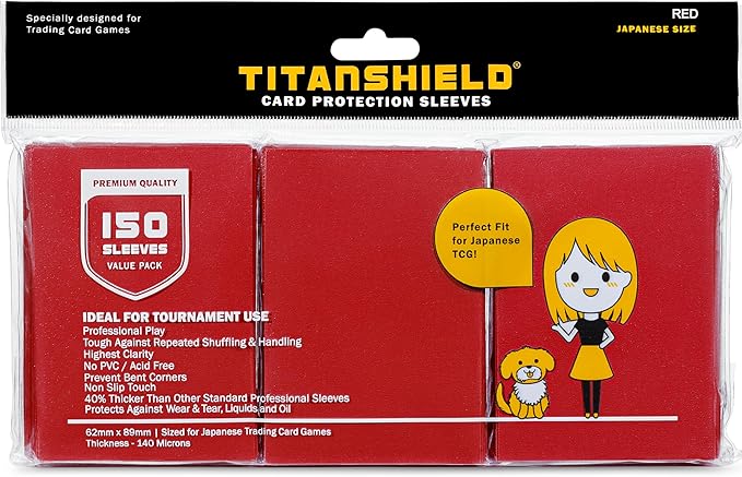 TitanShield (150 Sleeve/Red) Small Japanese Sized Trading Card Sleeves Deck Protector for Yu-Gi-Oh, Cardfight!! Vanguard & More