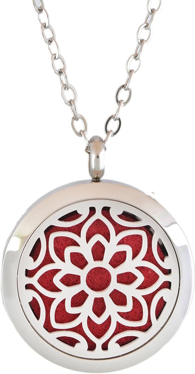 Aromatherapy Essential Oil Diffuser Stainless Steel 30MM Silver Magnetic Locket Pendant with Chain Necklace and Colored Refill Pads & Diffuser Bracelet All in a Velvet Bag (Flower)