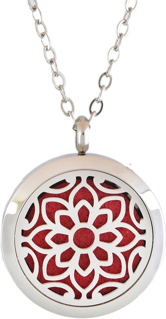 Aromatherapy Essential Oil Diffuser Stainless Steel 30MM Silver Magnetic Locket Pendant with Chain Necklace and Colored Refill Pads & Diffuser Bracelet All in a Velvet Bag (Flower)