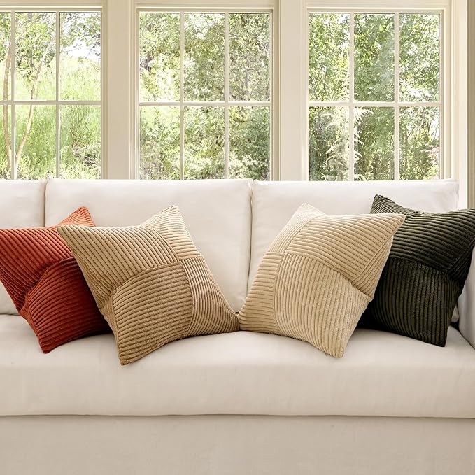 MIULEE Rust-Olive Green Decorative Throw Pillow Covers 20x20 Inch Set of 4 Boho Color-Clash Cushion Cases Farmhouse Pillow Cases Corduroy Striped Home Decor for Couch Sofa Living Room Bed