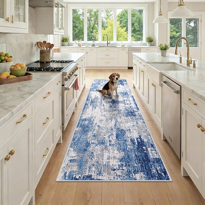 RELEANY Washable Runner 2'6"x8' Abstract Area Rug for Hallway Blue Gray | carpet for kitchen, entryway, bathroom, living room, bedroom, printed pattern, non-slip, soft, stain-resistant, easy to clean