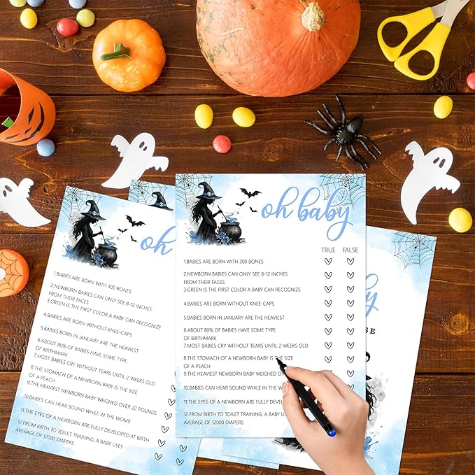Hilarious Baby Shower Games, 25 Sets Halloween Oh Baby True or False + Answer Card, Blue Witch Gender Reveal Game Cards for Party Announcement Supplies - B06