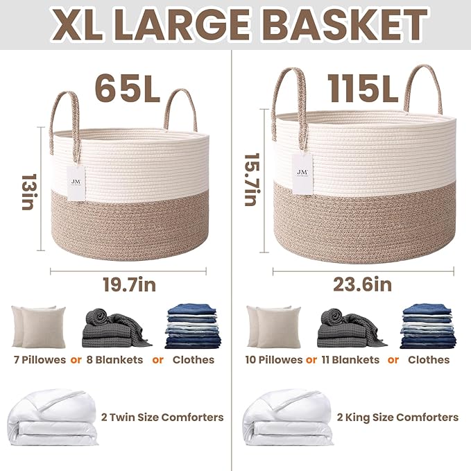JMvicyroam 115L Extra Large Machine Washable Cotton Rope Blanket Basket | Collapsible laundry hamper, Reinforced handles, For blankets, pillows, toys and clothes, Living room and bedroom, White&Brown