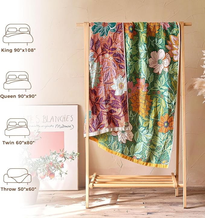 LUTBM Boho Throw Blanket for Couch 50"x60", Cotton Decorative Bed Throw | Green Reversible Floral Embroidery, All-Season Muslin Blankets, For Chair Sofa Bedroom Living Room Decor, Lightweight Gauze