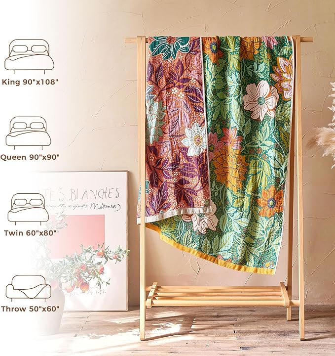 LUTBM Boho Throw Blanket for Bed 60"x80", All Season Cotton Couch Blankets | Green Reversible Floral Jacquard, Muslin Twin Quilt, For Chair Sofa Living Room Decor, Lightweight & Breathable 4-Layer Gauze