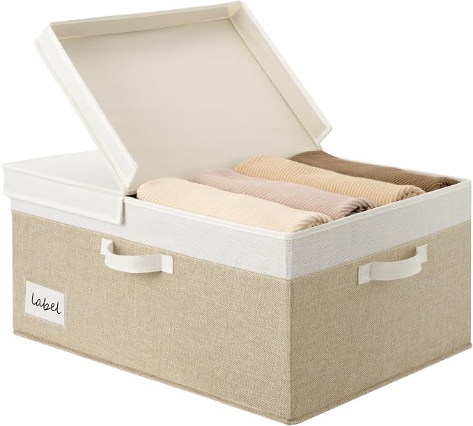 GRANNY SAYS Decorative Storage Boxes with Lid, Large Storage Bins with Label, 63L Fabric Storage Bin for Clothes, Toy Storage Chest, Memory Keepsake Box, White/Khaki