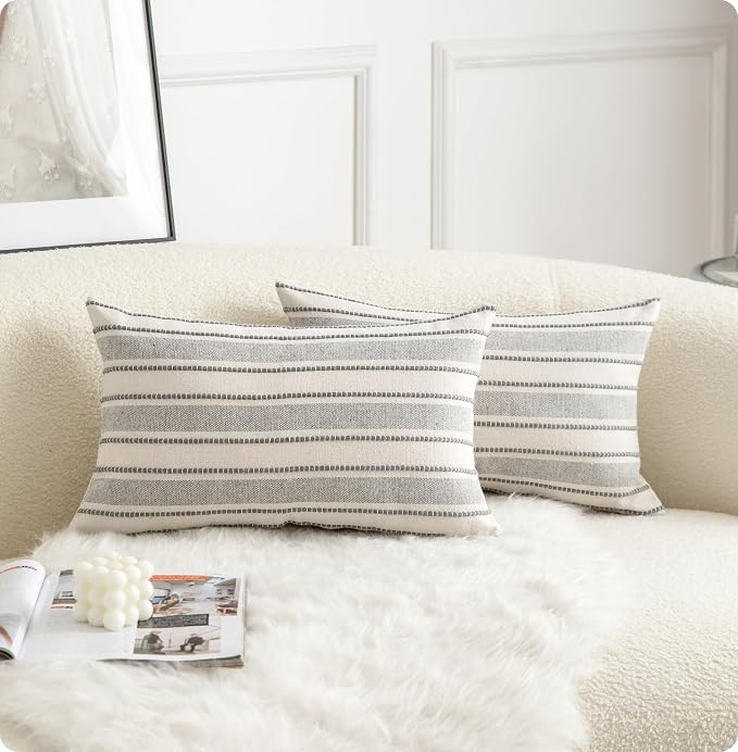 Cethom Decorative Boho Lumbar Throw Pillow Covers, Farmhouse Textured Pillow Case, 12 x 20 Inch Set of 2, Chair Sofa Bedroom Living Room Home Decor Couch Cushion Case, Grey and Beige