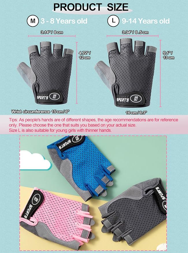 Kids Fingerless Cycling Gloves Non-Slip Bike Gloves for Youth Girls Boys 3-14T, Breathable Gloves for Skating Scooter