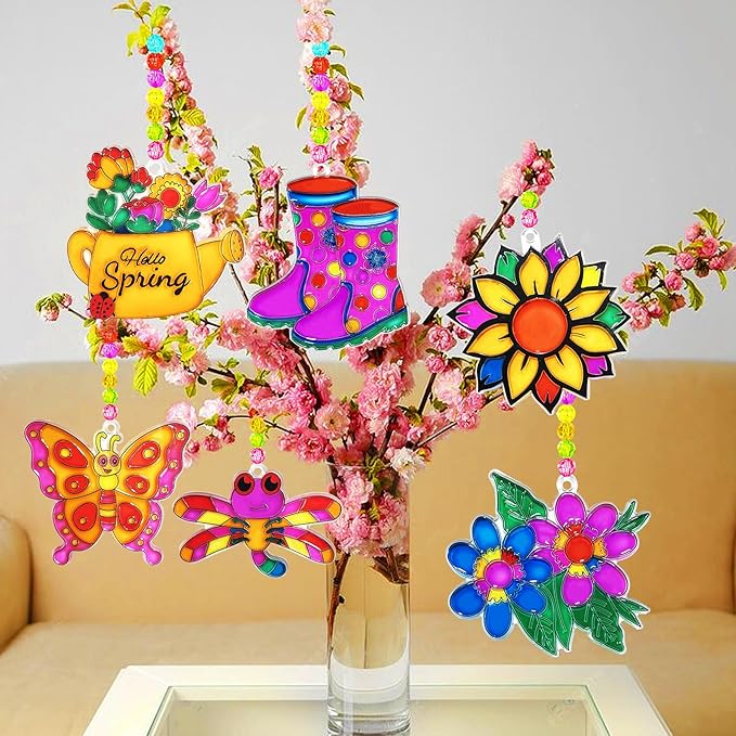 Ayhuhra 30 Sets Spring Flower Suncatcher Craft Kit Butterfly Sun Catcher DIY Window Paint Art Suncatcher Kits for Spring Summer Easter Party Activities Art Project Party Favors