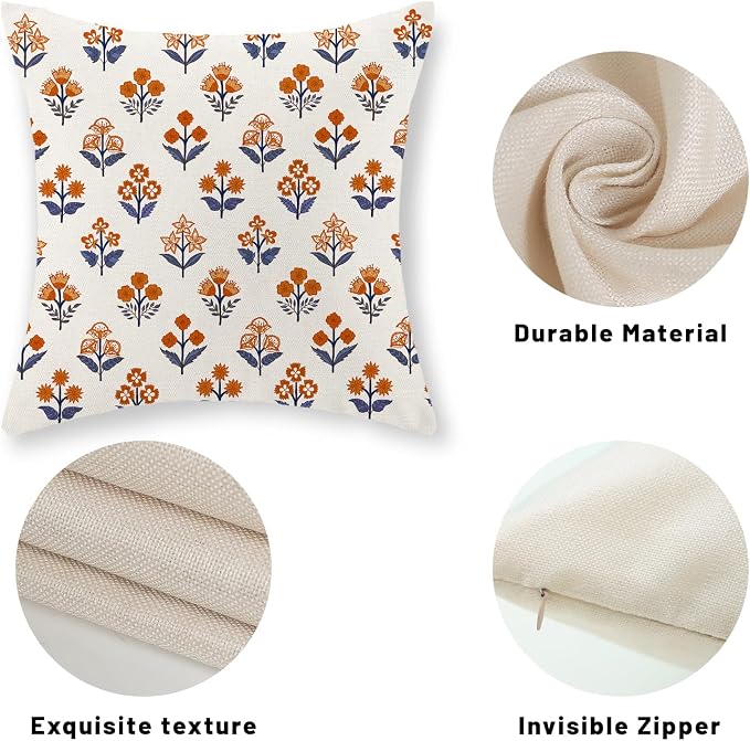 Farmhouse Floral Block Print Pillow Covers 18x18 Set of 2, Vintage Rustic Decorative Throw Pillows Modern Flower Cushion Covers for Sofa Couch Bed Living Room Home Decor, Navy Blue Orange
