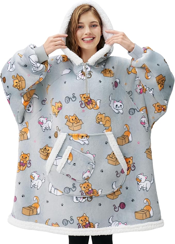 Giggling Getup Wearable Blanket Hoodie for Adults Gifts for Teen Girls Sister Women Sherpa Fleece Printed Hooded Blanket Sweatshirt Warm Cozy with Pocket & Sleeves Grey Cat