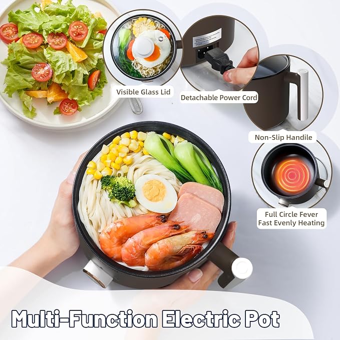 Electric Hot Pot 1.5L Nonstick Ramen Cooker for One-Person | Dual Power Setting for Hot Pot, Pasta/Soup/Oatmeal/Egg, Portable for Dorm/Travel, Overheat & Boil-Dry Protection(Brown, 1.5L)