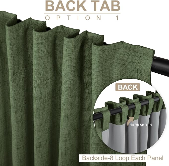 100% Blackout Shield Linen Blackout Curtains for Bedroom 80 Inches Long,Back Tab/Rod Pocket Living Room Drapes,Thermal Insulated Textured Blackout Curtains 2 Panels Set,50" W x 80" L,Moss Green