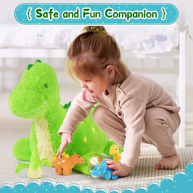 Tezituor Cute Dinosaur Stuffed Animal with 4 Baby,Dinosaurs Plush Toys,Large Dino for Girls Boys Kids (Dinosaur with 4 Babies)