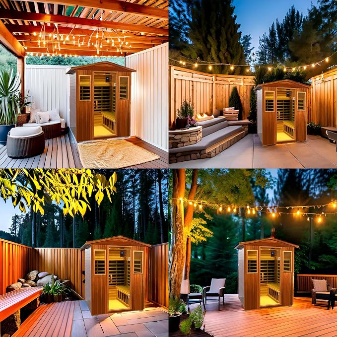 Kanlanth Outdoor Sauna 4 Person Low EMF Far Infrared Sauna for Home, 2050W Mahogany Wooden Sauna Room for Outdoor Indoor Home, with Blue-Tooth, LCD, LED