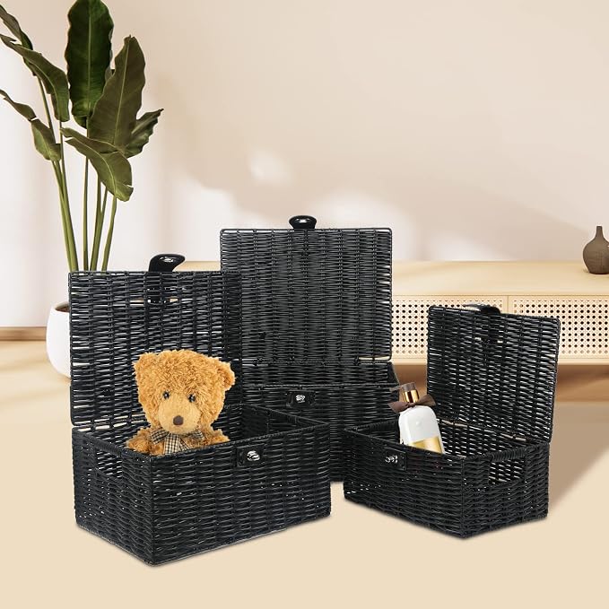 Honygebia Black Wicker Storage Baskets - Set of 3 Decorative Nesting Boxes with Lids, Woven Basket with Lock & Handle, Organizer for Beauty Makeup Bathroom Decor