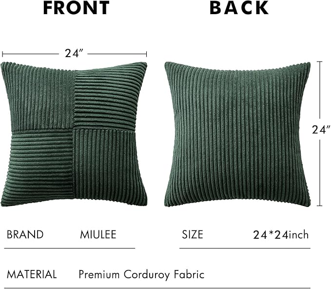 MIULEE Army Green Decorative Euro Sham Pillow Covers 24x24 Inch 2 Pack | Boho Farmhouse Pillow Covers, Soft Cross Corduroy Patchwork Textured Cushion Cases For Couch Bed Sofa