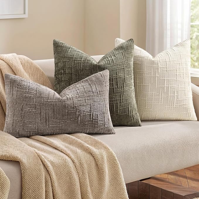 decorUhome Textured Chenille Throw Pillow Covers 12x20 Set of 2 Army Green | Fall Modern Farmhouse Soft Cozy Slubby Couch Pillow Cases Boho Decorative Pillow Cases for Bed Sofa Living Room Home Decor