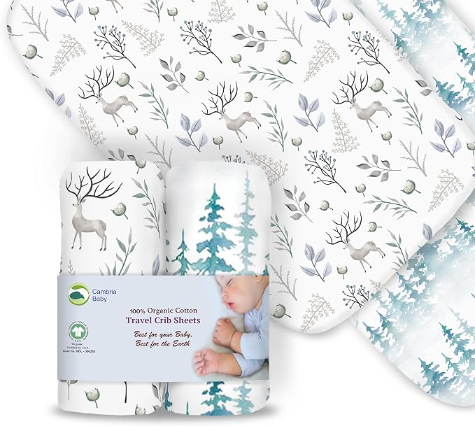 100% Organic Cotton Fitted Travel Crib Sheets, Perfectly Compatible with Guava Lotus, BabyBjorn, Dream On Me and All mattresses 22-26" Wide by 40-44" Long. Strap Holes in Corners. 2 Pk