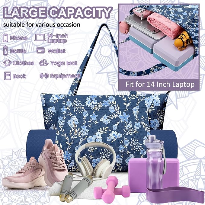Yoga Bag for Women, Large Canvas Yoga Mat Tote Bag with Yoga Mat Carrier - Large Mat Pocket Fitness Tote for Pilates, Gym, Travel, Office & Beach