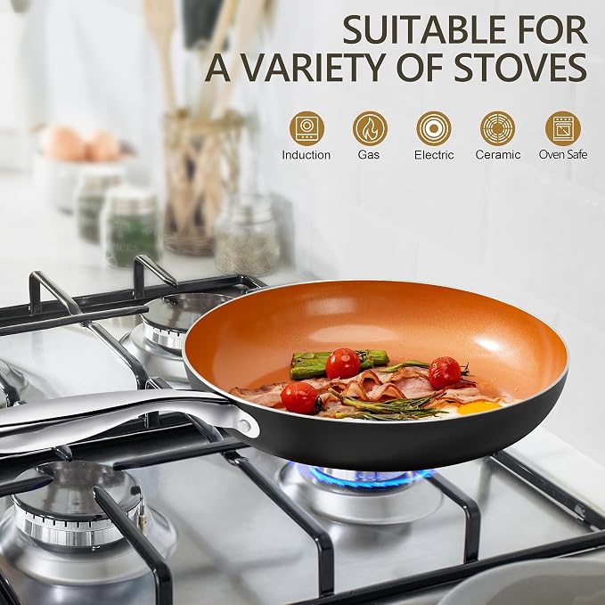 MICHELANGELO 12 Inch Frying Pan with Lid, Nonstick Copper Frying Pan, Non Stick Ceramic Skillet with Lid, Large Copper Pan Non-Stick, Induction Compatible