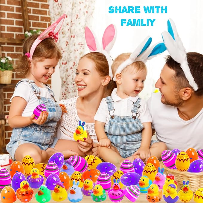 24 Pcs Easter Eggs with Rubber Duck Toys for Kids, Colorful Easter Eggs Filled with Assorted Bunny Rabbit Duckies for Fun Rubber Bath Toys, Easter Basket Stuffers and Party Favors