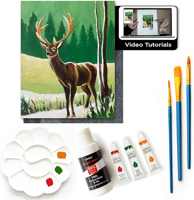 Painting4Real DIY Painting Class Kit for Adults with Video Tutorials: Learn to Paint Deer – How to Paint with Acrylics – Painting & Art Supplies – 9 Piece Acrylic Paint Set