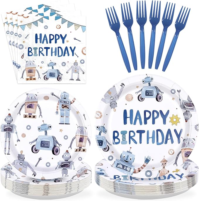 96Pcs Robot Birthday Party Decorations Happy Robot Birthday Plates and Napkins Tableware Set Blue Robots Shape Themed Decorations Favors for Boys Kids Baby Shower Gender Reveal Supplies Serves 24