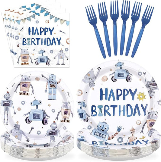 96Pcs Robot Birthday Party Decorations Happy Robot Birthday Plates and Napkins Tableware Set Blue Robots Shape Themed Decorations Favors for Boys Kids Baby Shower Gender Reveal Supplies Serves 24