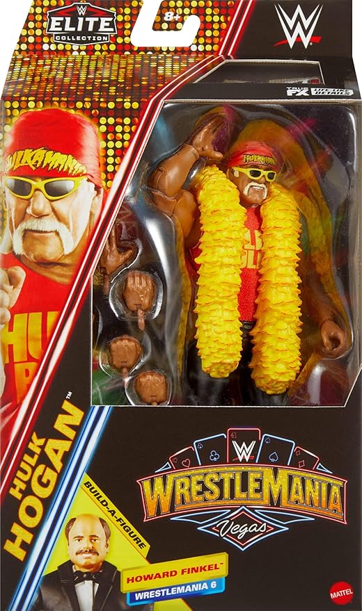 Mattel WWE Elite Collection Action Figure & Accessories, Premium Live Event Hulk Hogan Set, Wrestlemania with Howard Finkel Build-A-Figure Parts