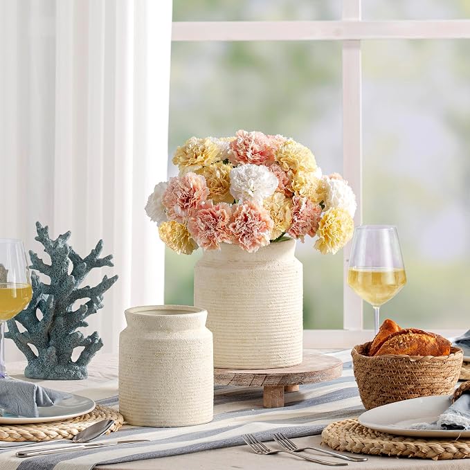 Ceramic Flower Vase 7.5 inch Farmhouse Rustic Vase for Home Decor Handcrafted Pottery Terracotta Vases for Dining Table Decor Fireplace Living Room Bathroom Wedding Centerpiece (M-Off White)