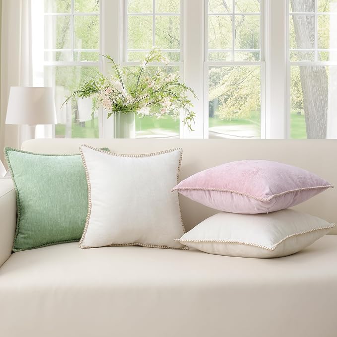 decorUhome Soft Chenille Throw Pillow Covers 18x18 Set of 2 Cream White | Fall Textured Decorative Throw Pillow Cases Stitched Edge Modern Farmhouse Luxury Boho Velvet for Couch Sofa Bed Home Decor