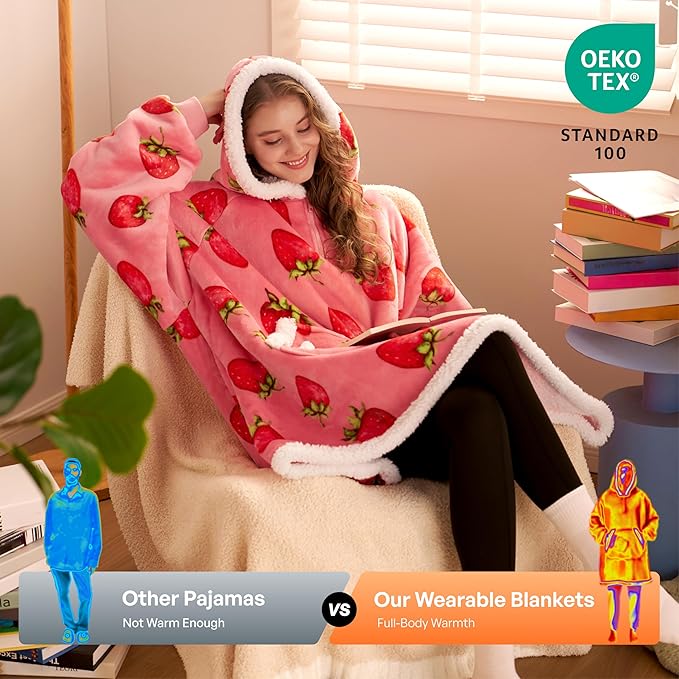 Giggling Getup Wearable Blanket Hoodie for Adults Gifts for Teen Girls Sister Women Sherpa Fleece Printed Hooded Blanket Sweatshirt Warm Cozy with Pocket & Sleeves Pink Strawberry