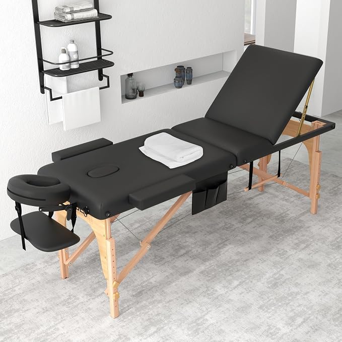 ABET Massage Table, 3 Fold Portable Lash Bed for Eyelash Extensions, Height Adjustable Lightweight Professional Facial Spa Beauty Salon Tattoo Table with Oil Pocket Towel Rod, Wood Feet & Black
