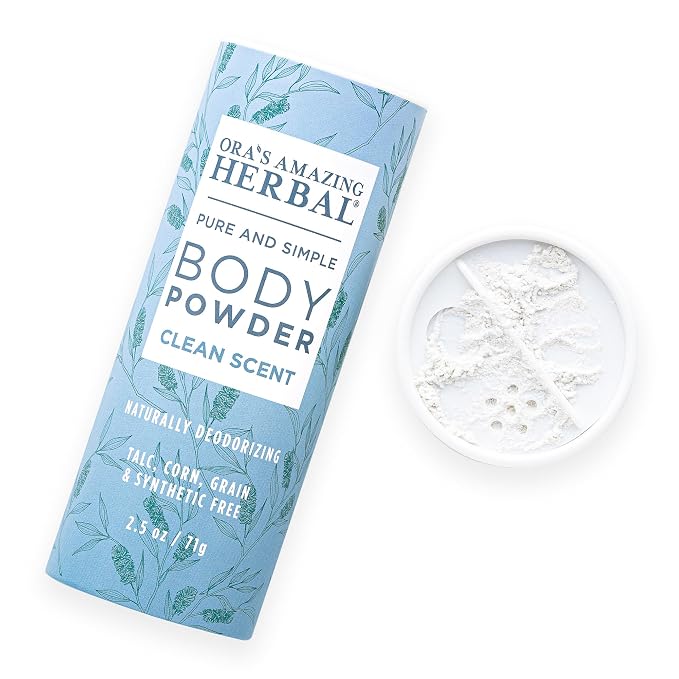 Ora's Amazing Herbal Minty Fresh Talc Free Body Powder, Sweat Absorbing & Chafing Cooling Powder for Men, Prickly Heat Powder with Eucalyptus & Mint, Shave & Waxing Dusting Powder, Clean Scent, 2.5oz