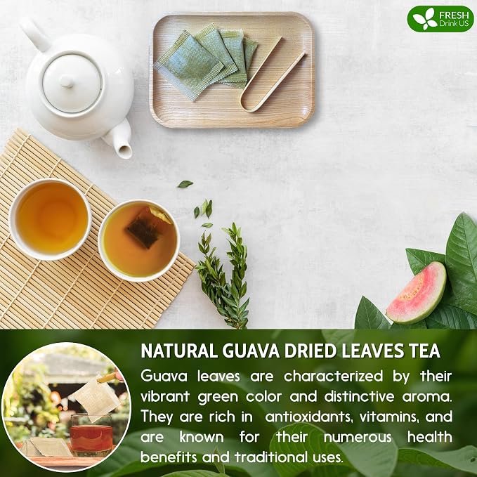 FRESHDRINKUS, Premium 75 Guava Leaf Tea Bags, 100% Natural & Pure. Loose Leaf Guava Herbal Tea. No Sugar, No Caffeine, No Gluten, Vegan.