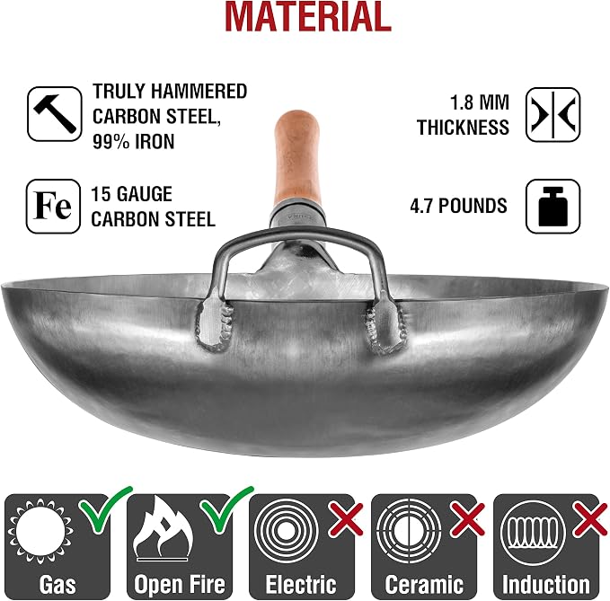 YOSUKATA Non-seasoned 14" Round-Bottom Carbon Steel Wok Pan with 17" Spatula and Ladle