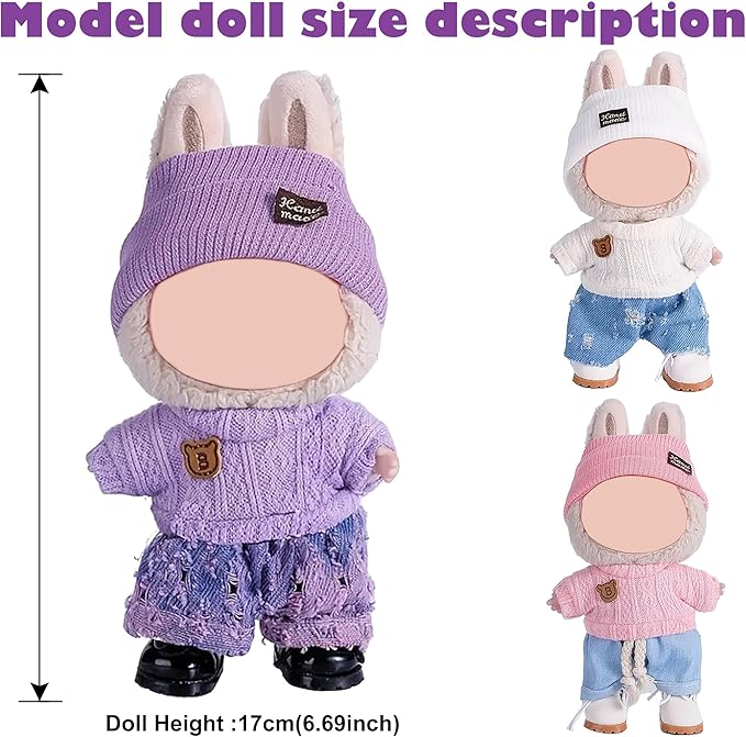 Total 3 Sets Doll Clothes Accessories for 17cm Dolls Include: 3 Hats, 3 Tops, 3 Pants- Soft & Stylish Costume Accessories (Doll Not Icluded)