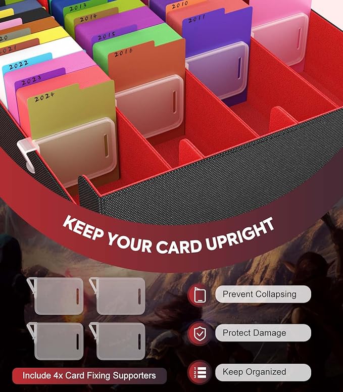 MoKo Trading Card Storage Box, 3000+ MTG Deck Box with 24 Colorful Dividers & 4 Card Supporters, Commander Card Deck Case Fits for Magic Game Cards, YugiOh, TCG, PTG and Sport Cards, Black Red