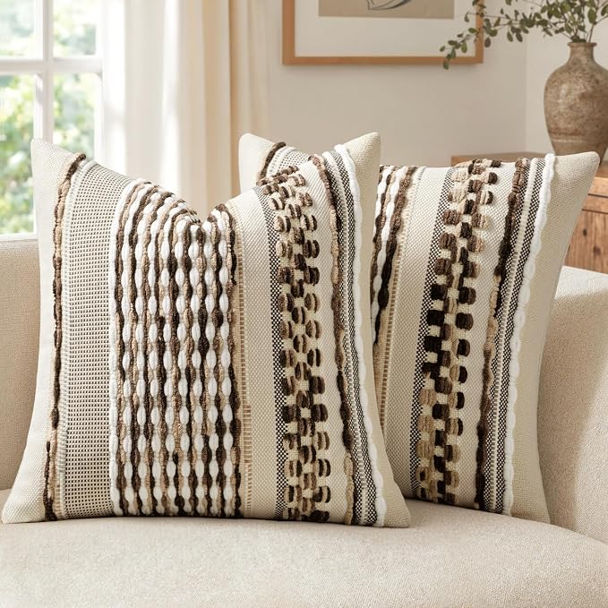 ANRODUO Boho Decorative Pillow Covers Dark Brown Stripe 18x18 Pack of 2 | Throw Pillow Covers, Farmhouse Cushion Case, Chenille Pillow Cases, Pillow Covers, Accent Neutral Pillowcase for Couch Bed