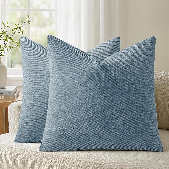 a moment Pack of 2 Decorative Chenille Throw Pillow Covers with Twill Cushion Covers for Sofa Living Room Couch Bed 16x16 Inch Coastal Blue