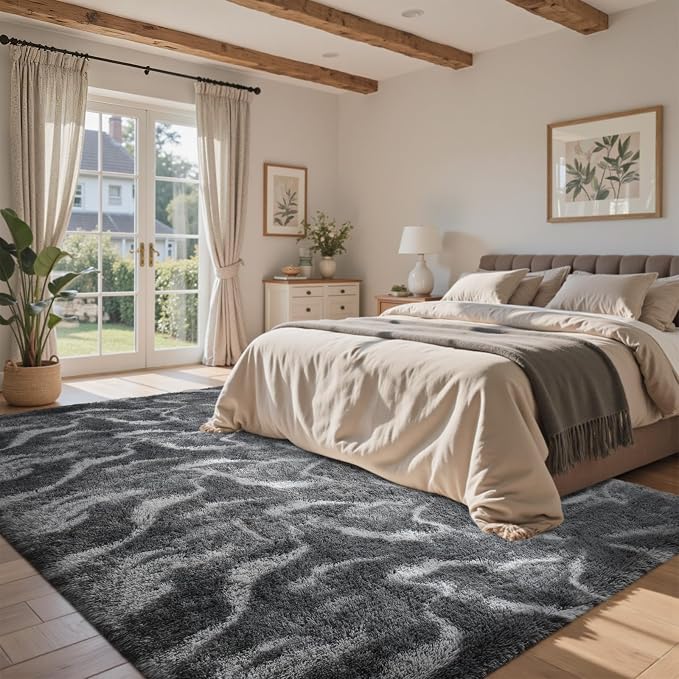 5x7 Ft Area Rugs for Living Room, Grey Plush Fluffy Shaggy Bedroom Rugs Non-Slip, Ultra Soft Carpet for Nursery Kids PlayRoom Dorm Office Indoor