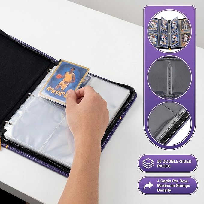 HBK Basketball Card Binder 400 Pockets - Waterproof PU Leather Sports Trading Card Holder with 50 Pages - 3 Ring Zipper Carrying Case for Collectors Kids Gift